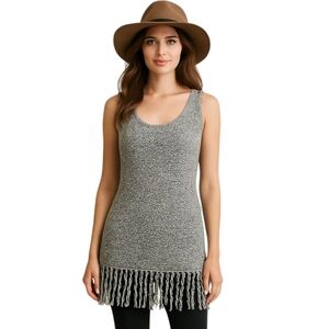 White House Black Market Boho Scoop Neck Marled Knit Tunic Fringe Hem Size S